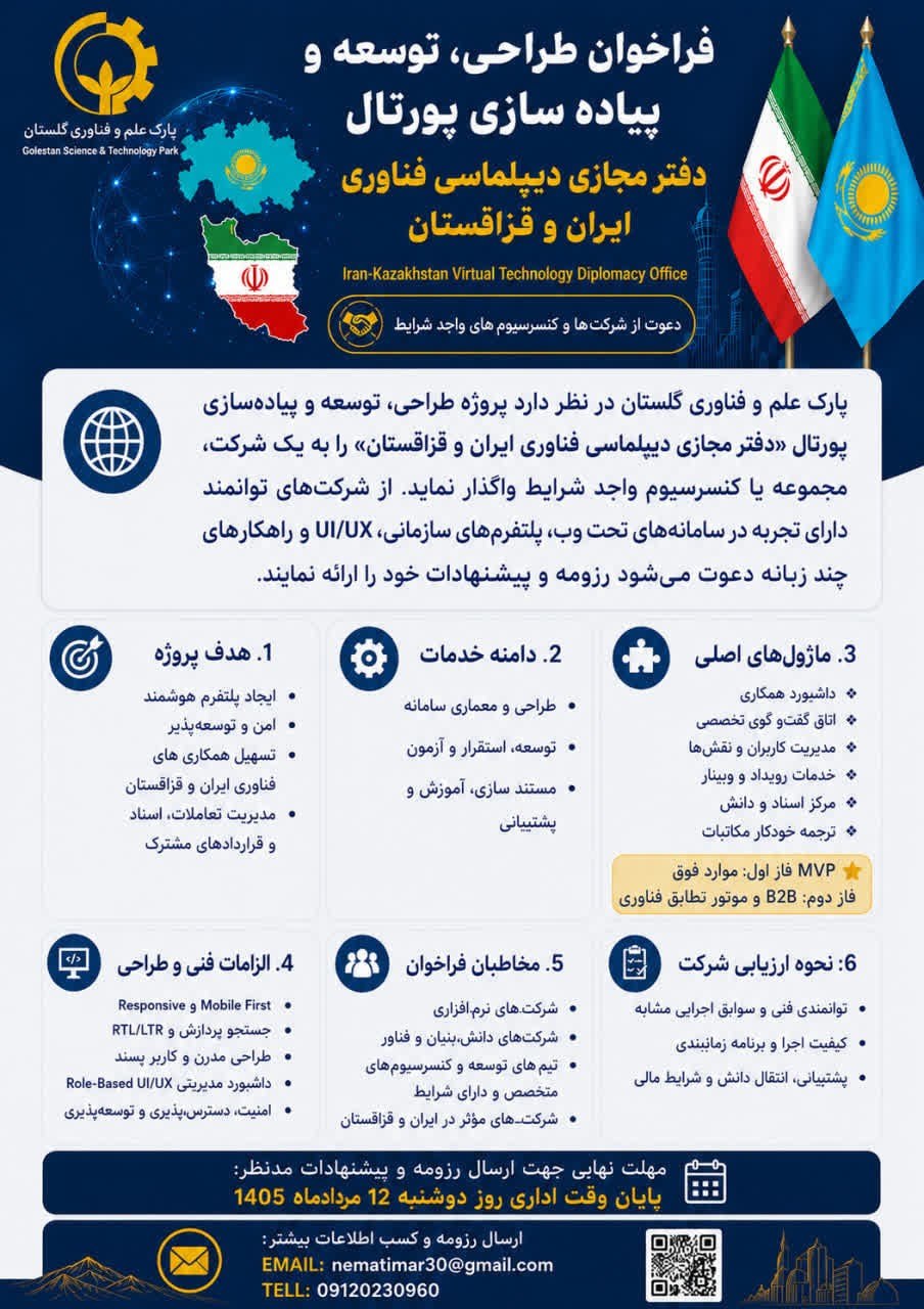 فراخوان طراحی، توسعه و پیاده ‌سازی پورتال دفتر مجازی دیپلماسی فناوری ایران و قزاقستان